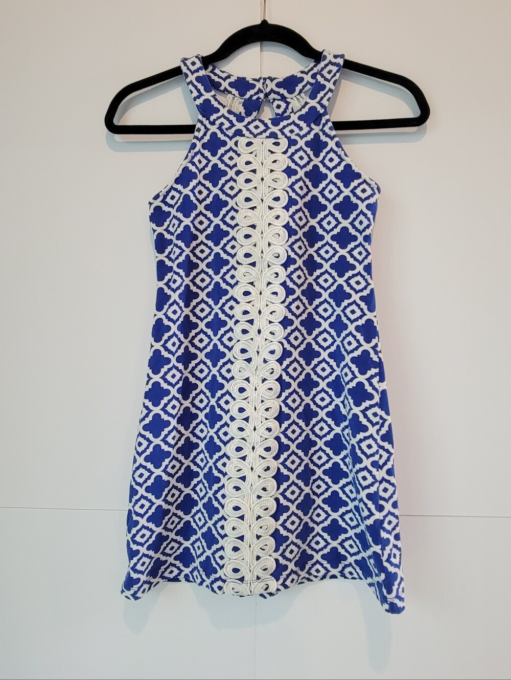 Blue & White Geometric Lace Detail Boutique Mini Dress Size S